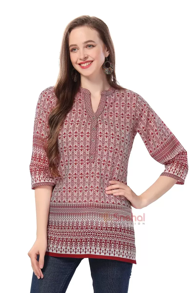 Short Tunic Red Blossom Print , 100% Pure Cotton Mandarin Collar Short Tunic